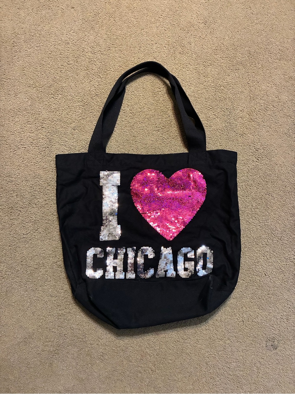 Victoria’s Secret Pink Black Sequin I ♥ Chicago Bling Tote Bag Gym Bag Purse